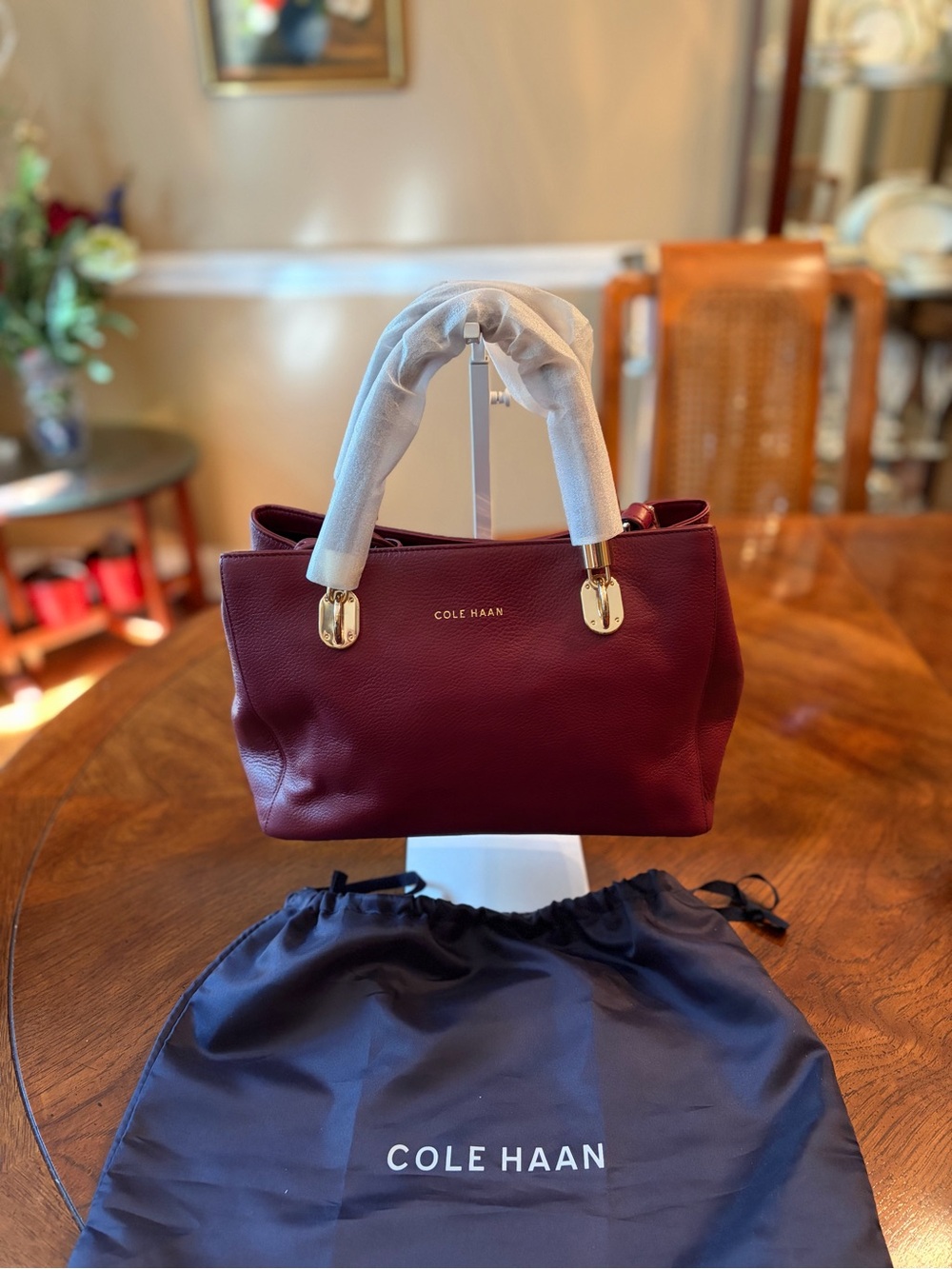NWT Cole Haan “Benson” Leather Tote with Braided Handles In Zinfandel - Picture 2 of 14